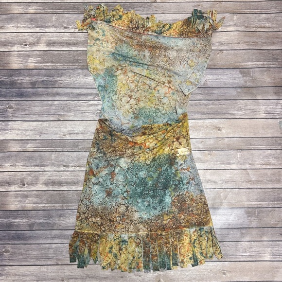 Shan Canada Abstract Mesh Scoop Neck Sleeveless Fringe Layered Mini Dress Tunic - Picture 7 of 9